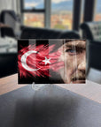 Atatürk 219 Cam Tablo featuring a striking design with Turkish flag and portrait, made from durable tempered glass.