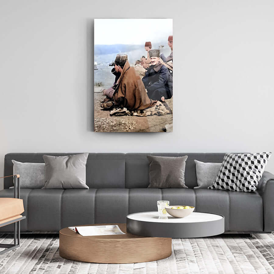 Atatürk 158 Cam Tablo displayed in a modern living room setting, featuring historical photograph representation.