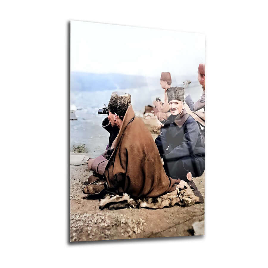 Historical photo of men seated by water, wearing traditional hats, showcasing vintage style.