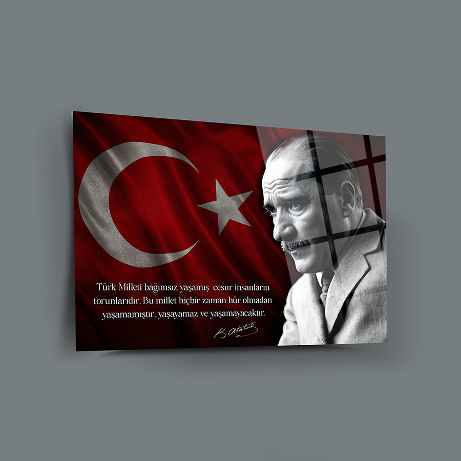 Atatürk 197 Cam Tablo featuring a portrait of Atatürk with the Turkish flag and a motivational quote.
