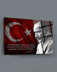 Atatürk 197 Cam Tablo featuring a portrait of Atatürk with the Turkish flag and a motivational quote.