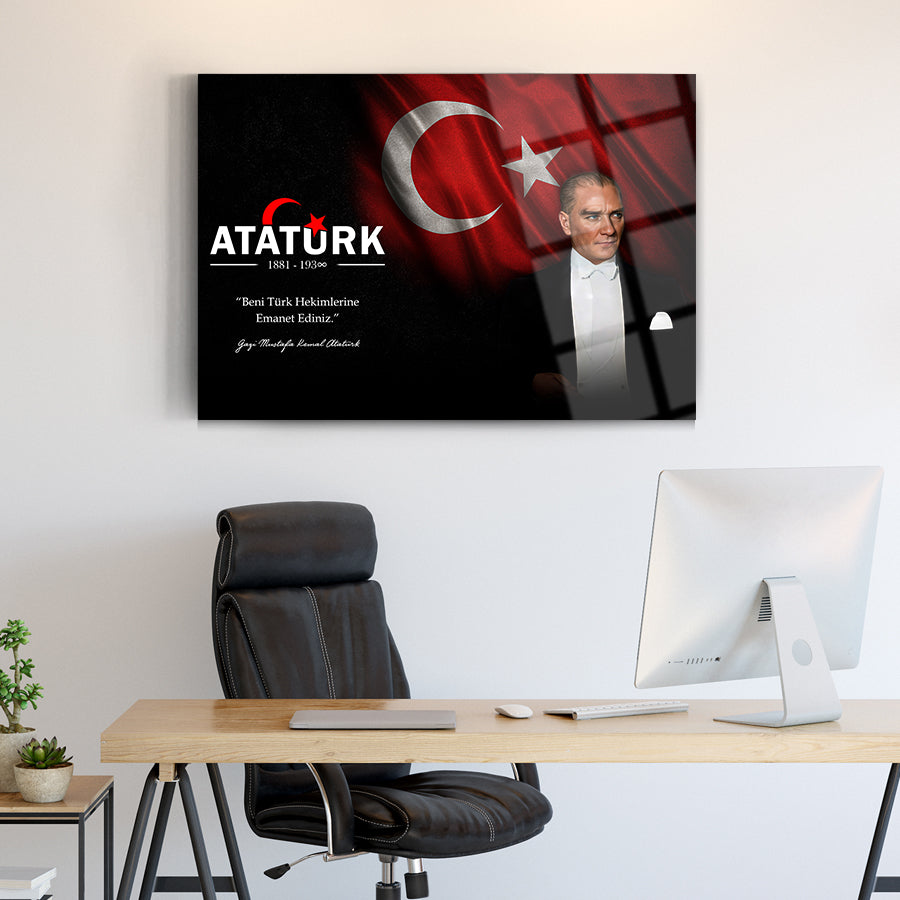 Atatürk 201 Cam Tablo with Turkish flag design, high-quality glass wall art for home decor.