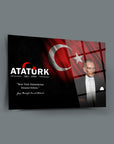 Atatürk 201 Cam Tablo featuring a portrait of Atatürk and Turkish flag elements.