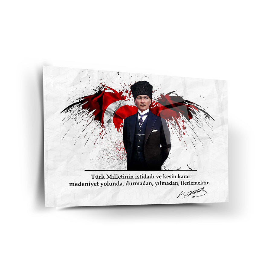 Atatürk 203 Cam Tablo featuring a powerful portrait of Mustafa Kemal Atatürk with a Turkish flag background.