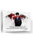 Atatürk 203 Cam Tablo featuring a powerful portrait of Mustafa Kemal Atatürk with a Turkish flag background.