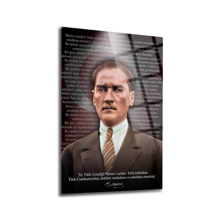 Atatürk 234 Cam Tablo featuring a portrait of Mustafa Kemal Atatürk with inspirational text background.