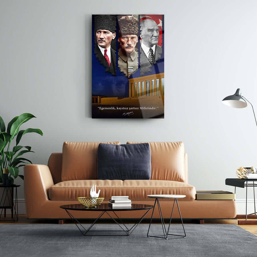 Atatürk 235 Cam Tablo featuring iconic portraits and inspirational quote in modern living room setting.