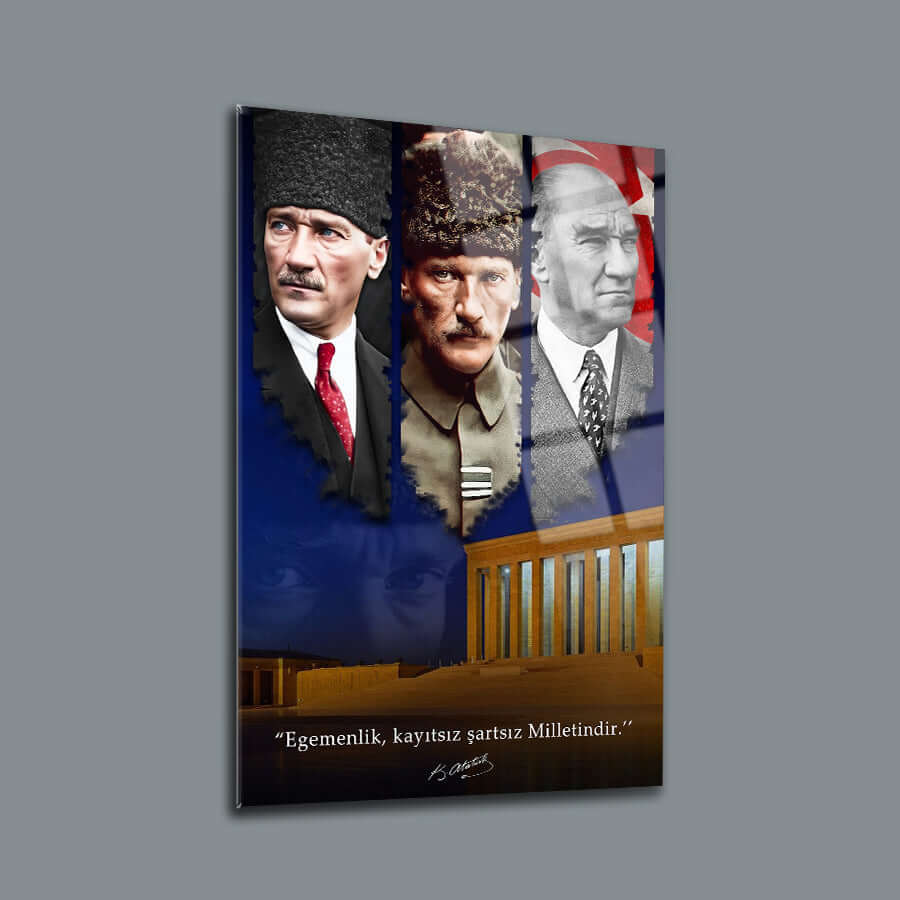 Atatürk 235 Cam Tablo featuring iconic leaders with the quote 'Egemenlik, kayıtsız şartsız Milletindir'