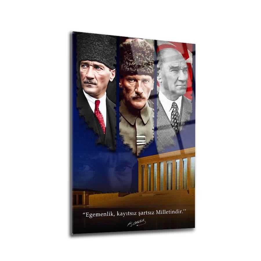 Atatürk 235 Cam Tablo featuring iconic portraits and quotes on elegant glass design, ideal for wall decoration.
