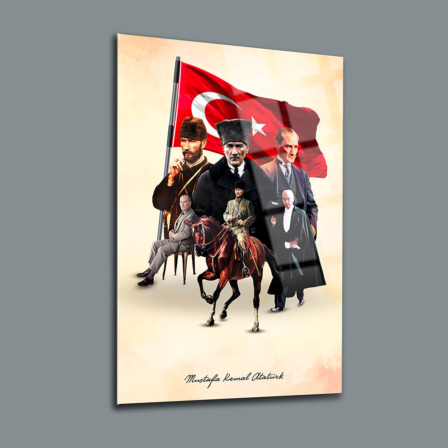 Atatürk 236 Cam Tablo featuring Mustafa Kemal Atatürk and Turkish flag.