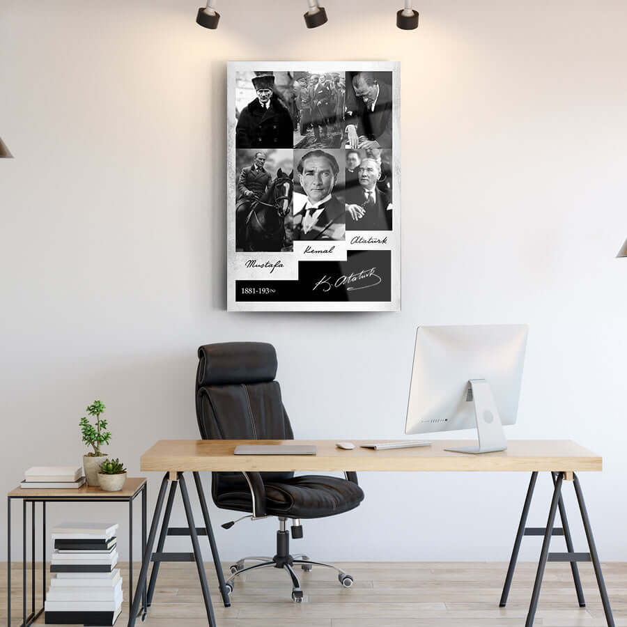 Black and white collage of historical figures displayed in a modern office setup with a desk and chair.