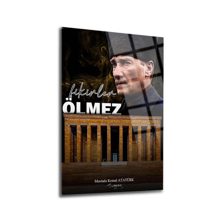 Artistic portrait of Mustafa Kemal Atatürk with the phrase 'Fikrimden Ölmez' against a dramatic backdrop.
