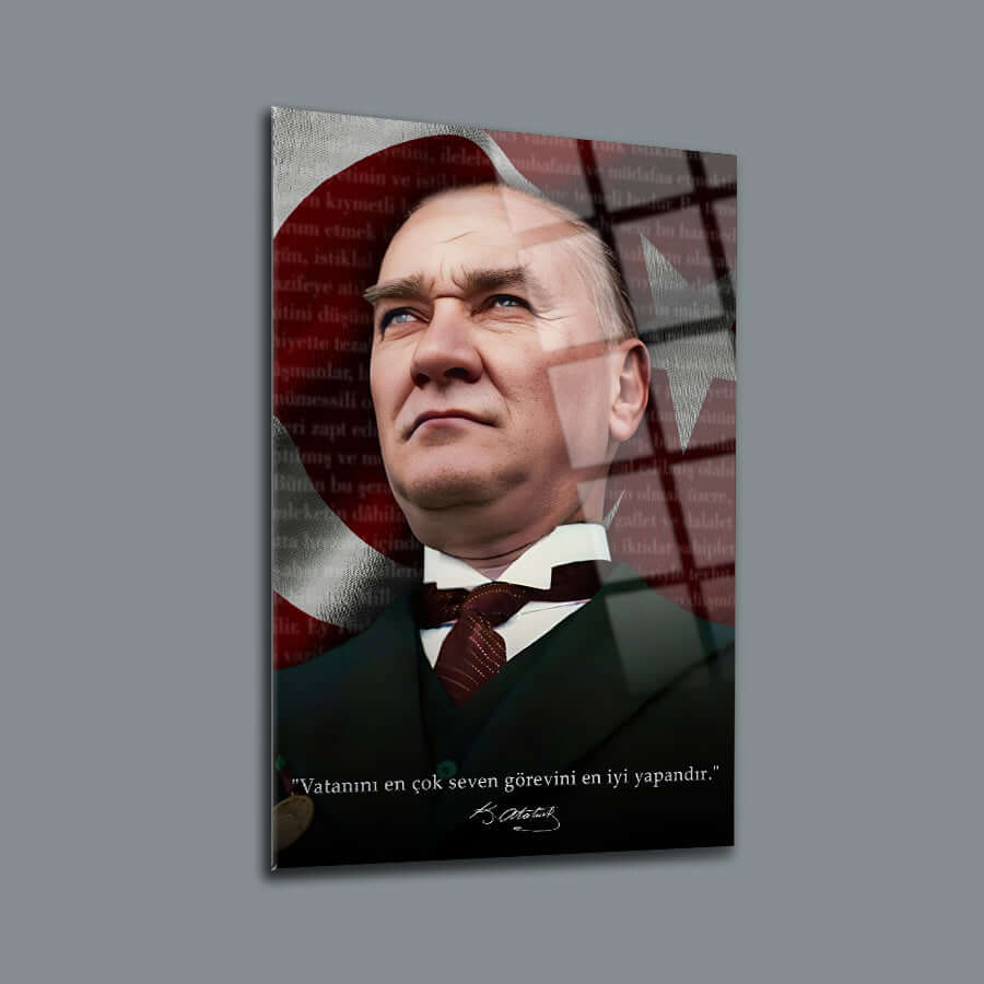 Portrait of a determined man with a quote and a Turkish flag background, symbolizing patriotism and leadership.