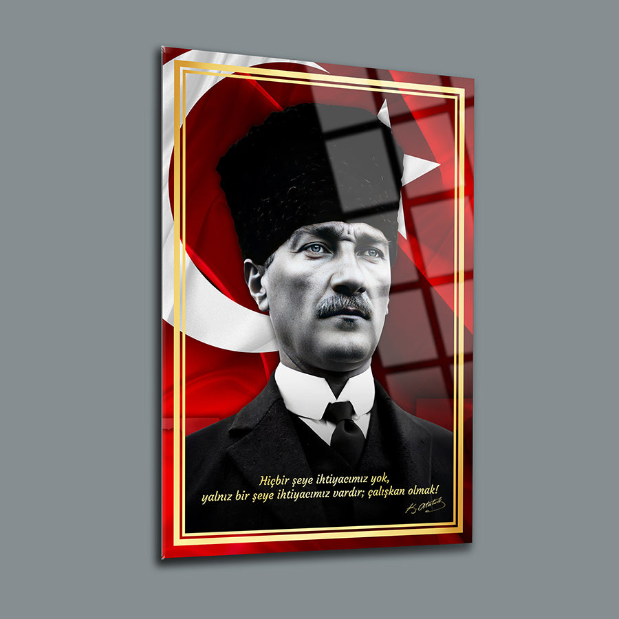 Atatürk 245 Cam Tablo featuring a portrait of Atatürk with a Turkish flag background.