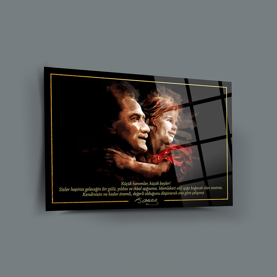 Atatürk 247 Cam Tablo, modern iç mekan dekorasyonu, UV baskı ile tasarlanmış özel cam tablo.