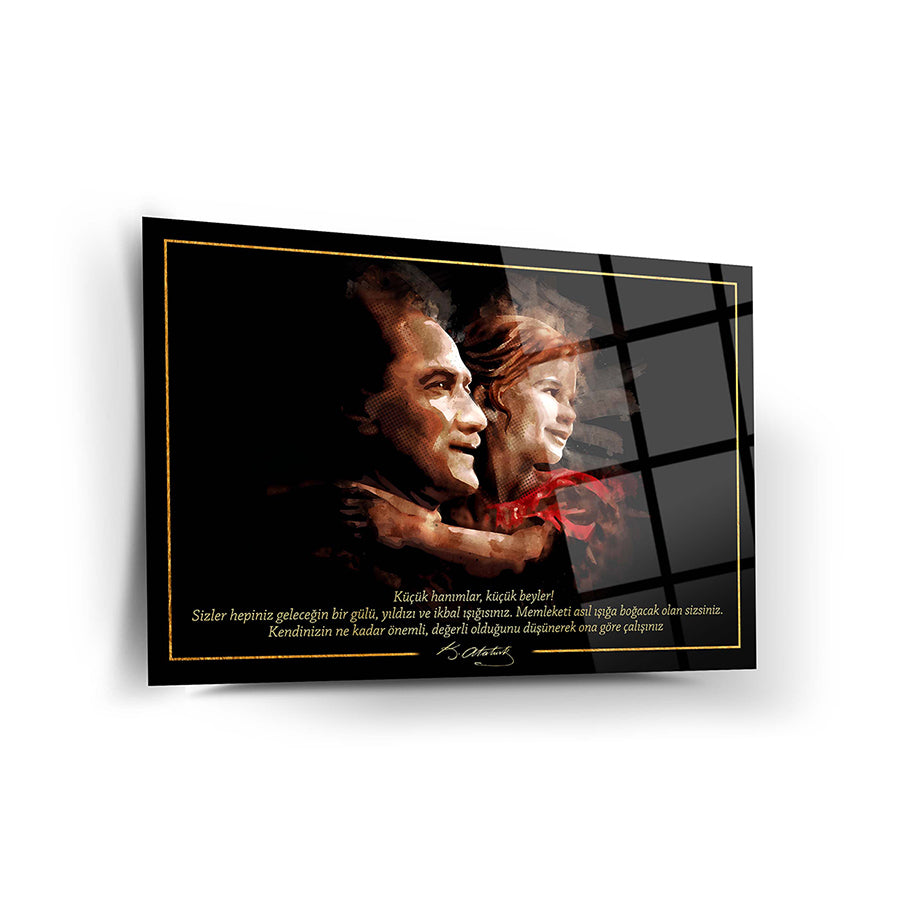 Atatürk 247 Cam Tablo featuring a portrait of Atatürk with a child, depicting warmth and connection.