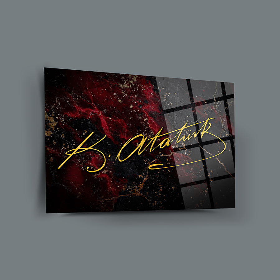Atatürk İmzası Cam Tablo: modern tasarım, yüksek kaliteli cam, UV baskı, özel koruma ambalajı ile gönderiliyor.