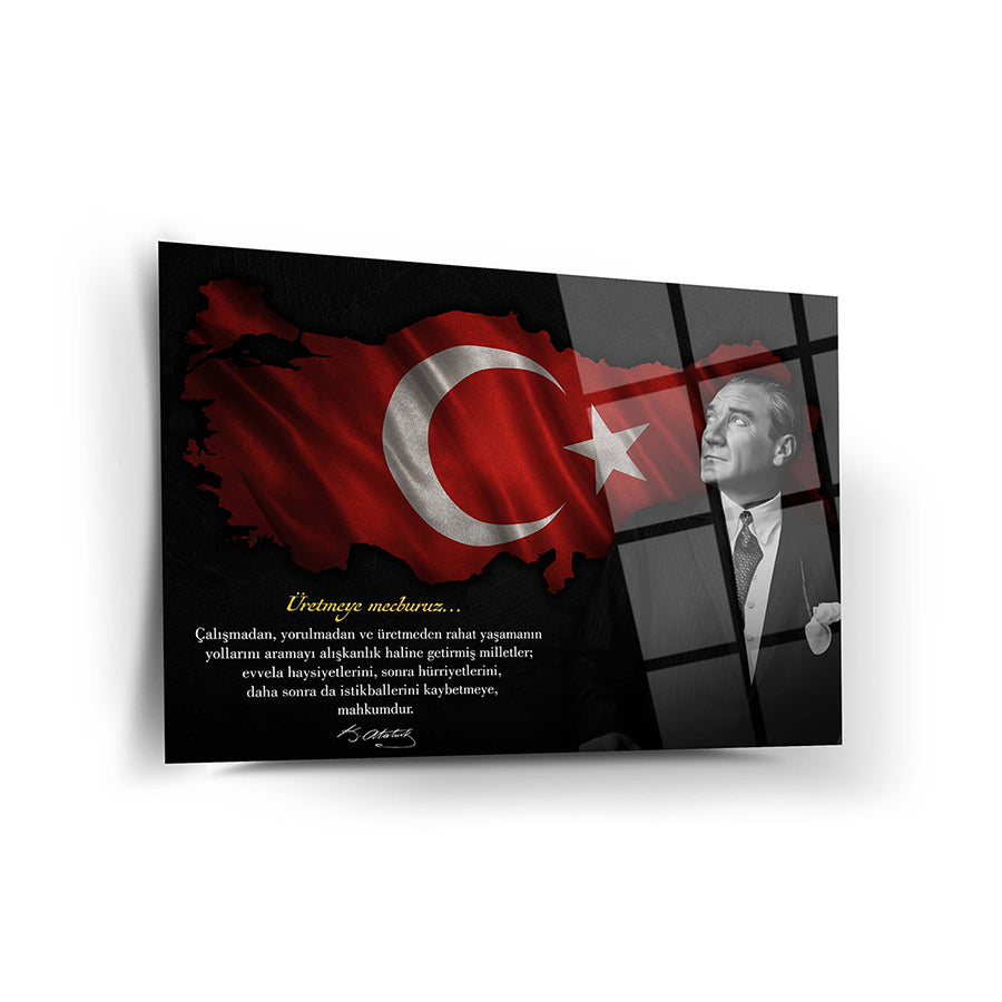 Atatürk 251 Cam Tablo featuring a black and white portrait of Atatürk against a Turkish flag backdrop.