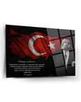 Atatürk 251 Cam Tablo featuring a black and white portrait of Atatürk against a Turkish flag backdrop.
