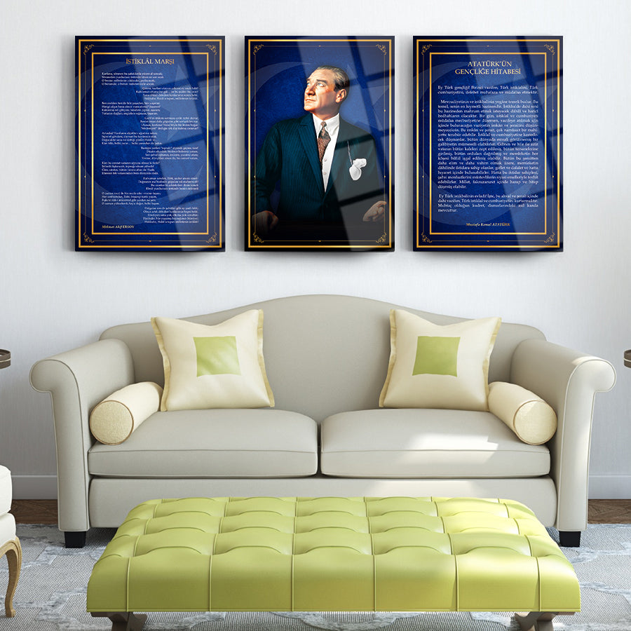 Atatürk 3'lü cam tablo seti, şık oturma odası dekorasyonu ile modern tasarım.