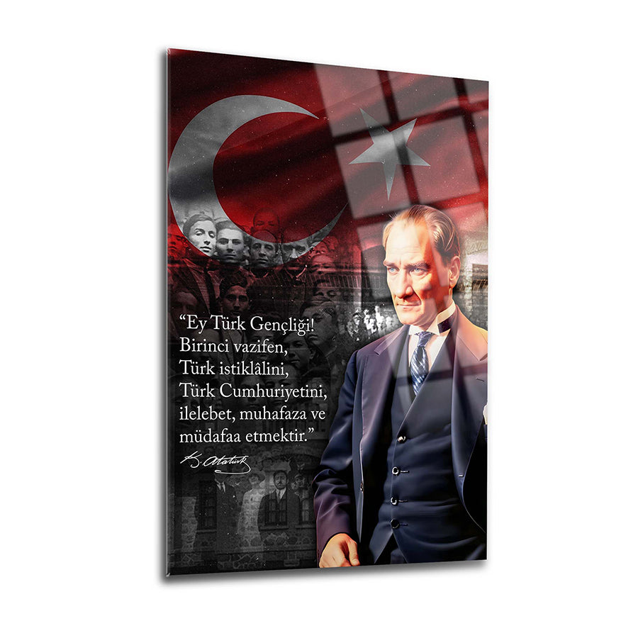 Atatürk 253 Cam Tablo featuring a motivational quote for Turkish youth with Turkish flag background.