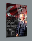 Atatürk 253 Cam Tablo featuring a portrait of Atatürk with the Turkish flag and motivational quote.