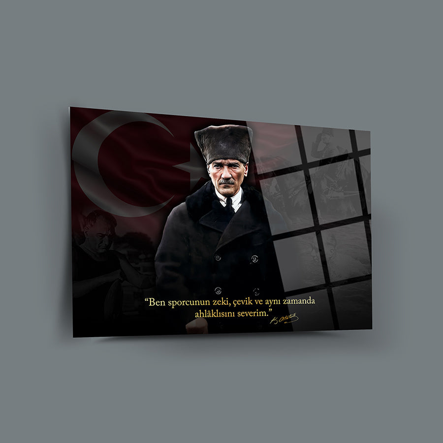 Atatürk 255 Cam Tablo, yüksek kaliteli UV baskı ile tasarlanmış, özel ambalajda gönderilen temperli cam tablo.