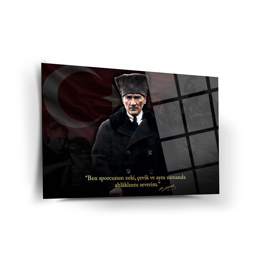 Atatürk 255 Cam Tablo - SRD Concept yüksek kaliteli cam tabloda Atatürk portresi ve alıntısı.