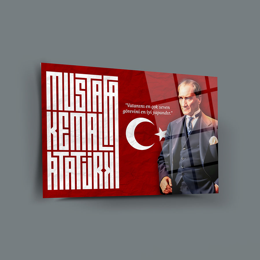 Atatürk 257 Cam Tablo with a portrait of Mustafa Kemal Atatürk and Turkish flag background.