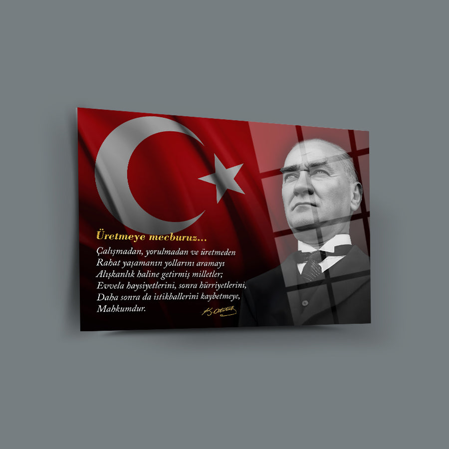 Atatürk 259 Cam Tablo with inspirational quote and Turkish flag backdrop.