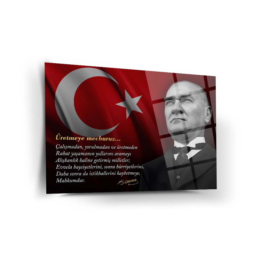 Atatürk Cam Tablo with Turkish flag background and motivational quote in Turkish, emphasizing creativity and perseverance.