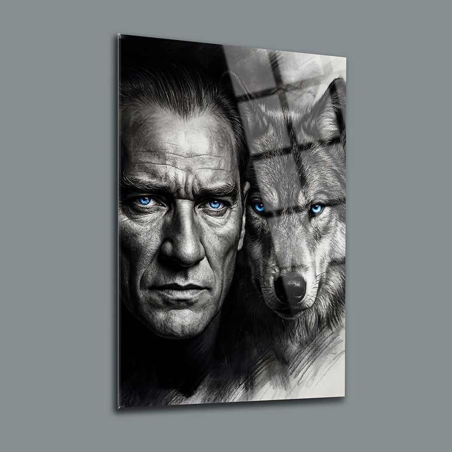 Atatürk Bozkurt Yakın Çekim Mavi Göz Karakalem Cam Tablo | SRD Concept