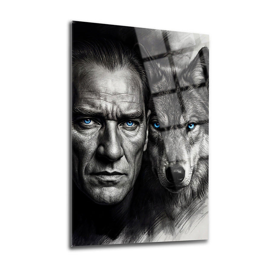 Atatürk Bozkurt Yakın Çekim Mavi Göz Karakalem Cam Tablo | SRD Concept