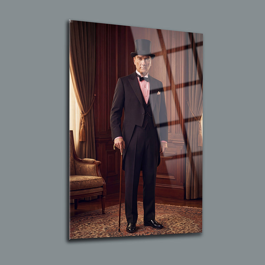 Atatürk Silindir Şapka Frak Zarif Portre Cam Tablo | SRD Concept