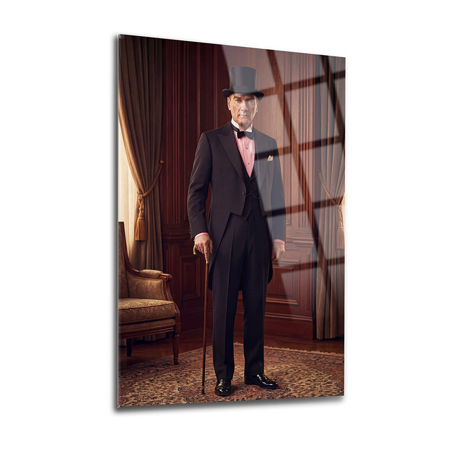 Atatürk Silindir Şapka Frak Zarif Portre Cam Tablo | SRD Concept