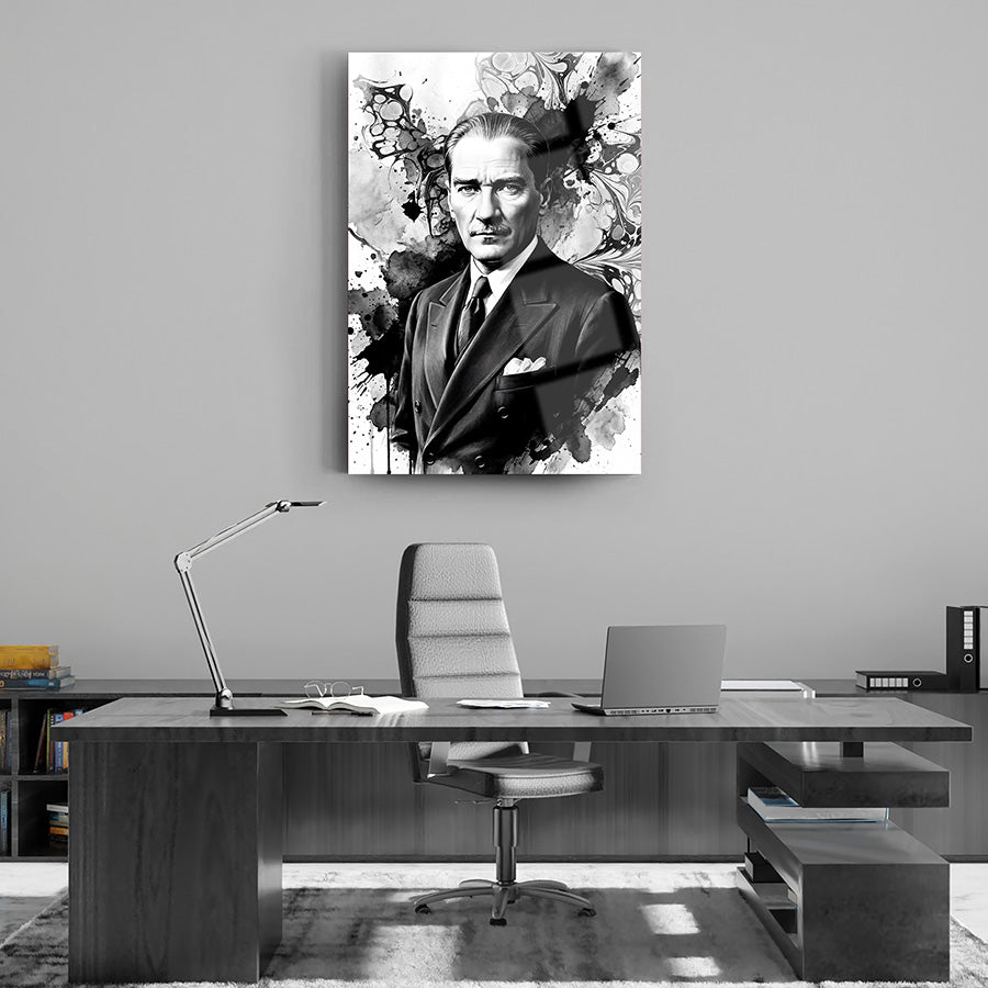 Atatürk Ebru Sanatı Mürekkep Efektli Portre Cam Tablo | SRD Concept