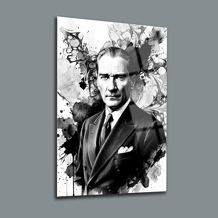 Atatürk Ebru Sanatı Mürekkep Efektli Portre Cam Tablo | SRD Concept