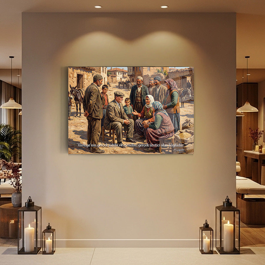 Atatürk Köylülerle Halk Sözlü Yağlı Boya Cam Tablo | SRD Concept