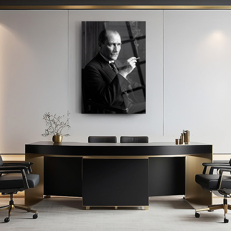 Atatürk Siyah Beyaz Sigara Klasik Portre Cam Tablo | SRD Concept