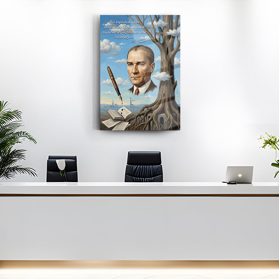 Atatürk Eğitimci Öğretmen Sözlü Sürrealist Cam Tablo | SRD Concept