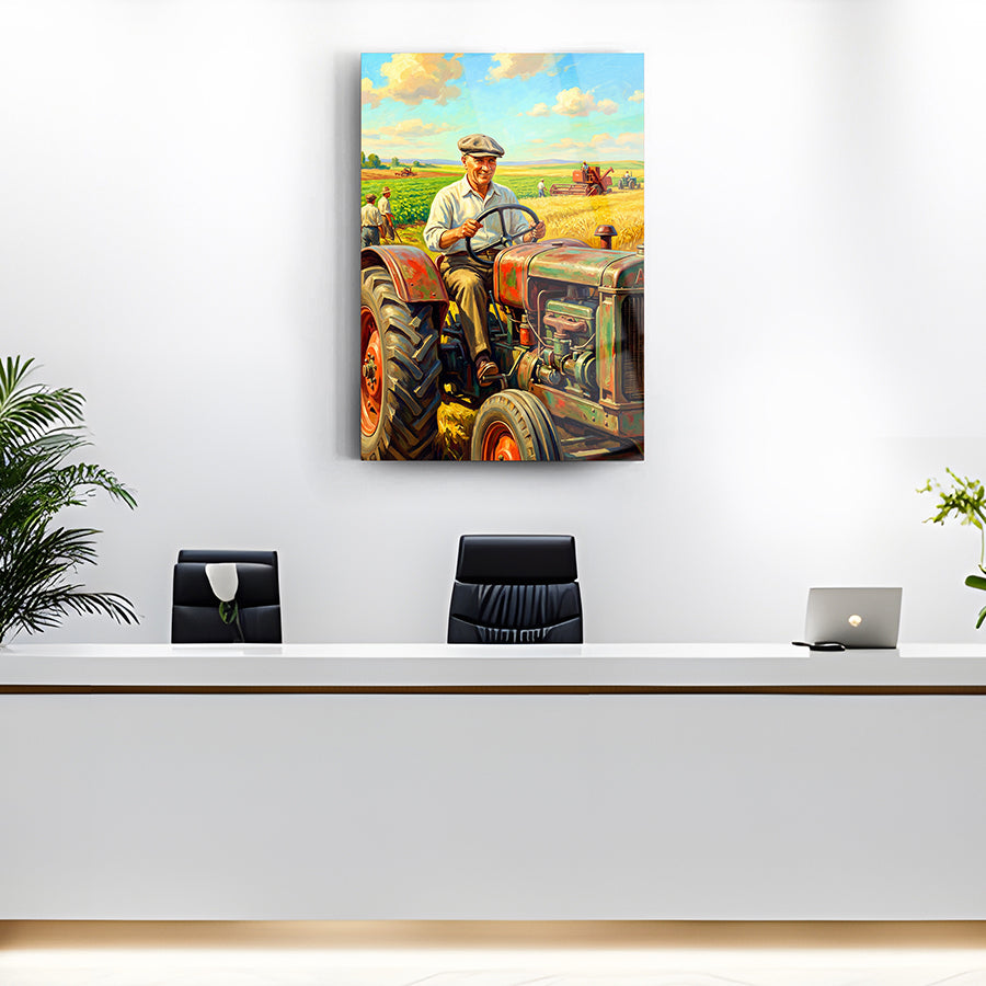 Atatürk Traktörde Tarla Hasat Yağlı Boya Cam Tablo | SRD Concept