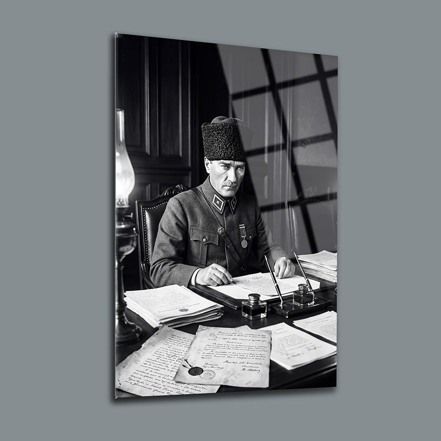 Atatürk Çalışma Masası Belgeler Siyah Beyaz Cam Tablo | SRD Concept