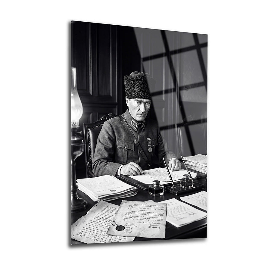 Atatürk Çalışma Masası Belgeler Siyah Beyaz Cam Tablo | SRD Concept