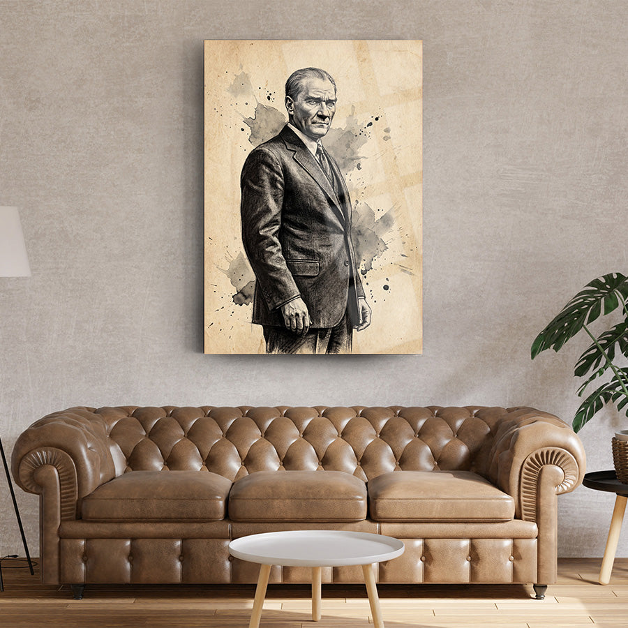 Atatürk Karakalem Suluboya Efektli Sanat Cam Tablo | SRD Concept