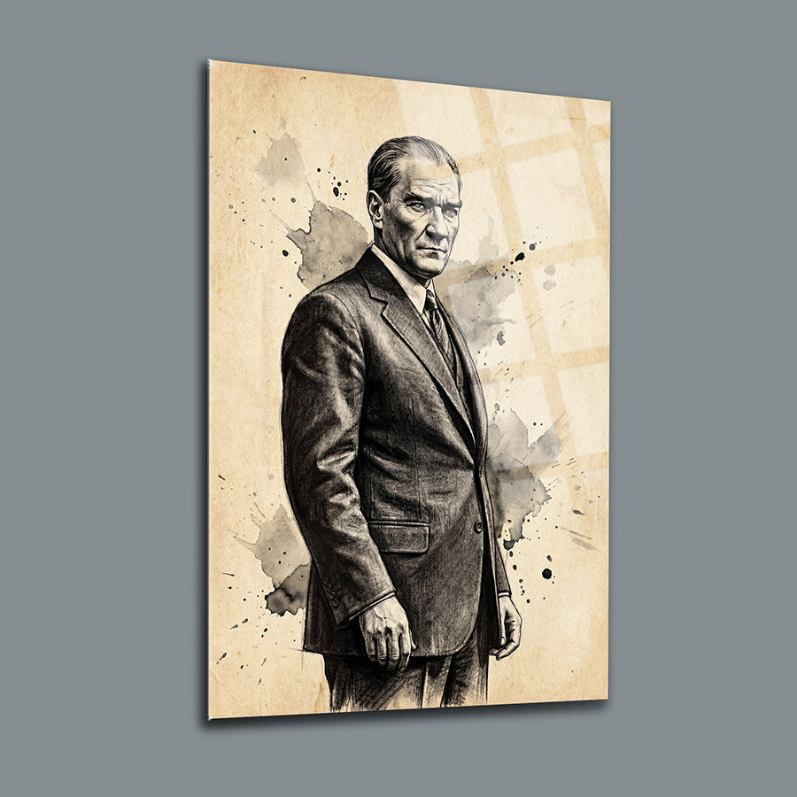 Atatürk Karakalem Suluboya Efektli Sanat Cam Tablo | SRD Concept