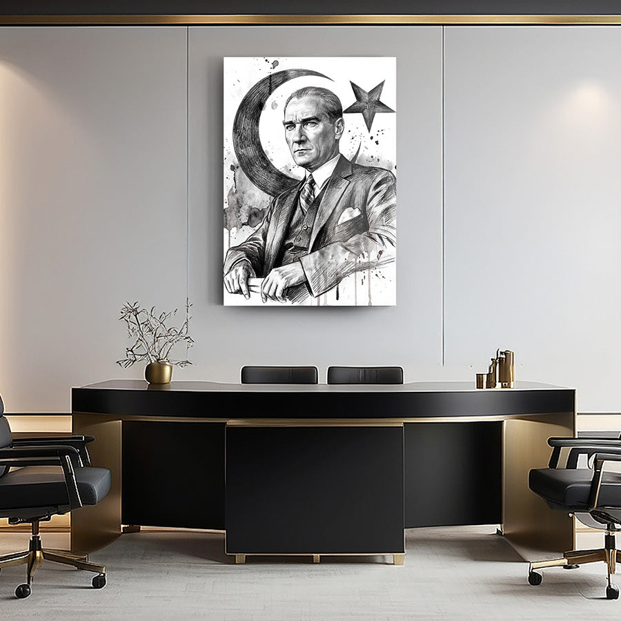 Ay Yıldız Temalı Atatürk Karakalem Cam Tablo | SRD Concept