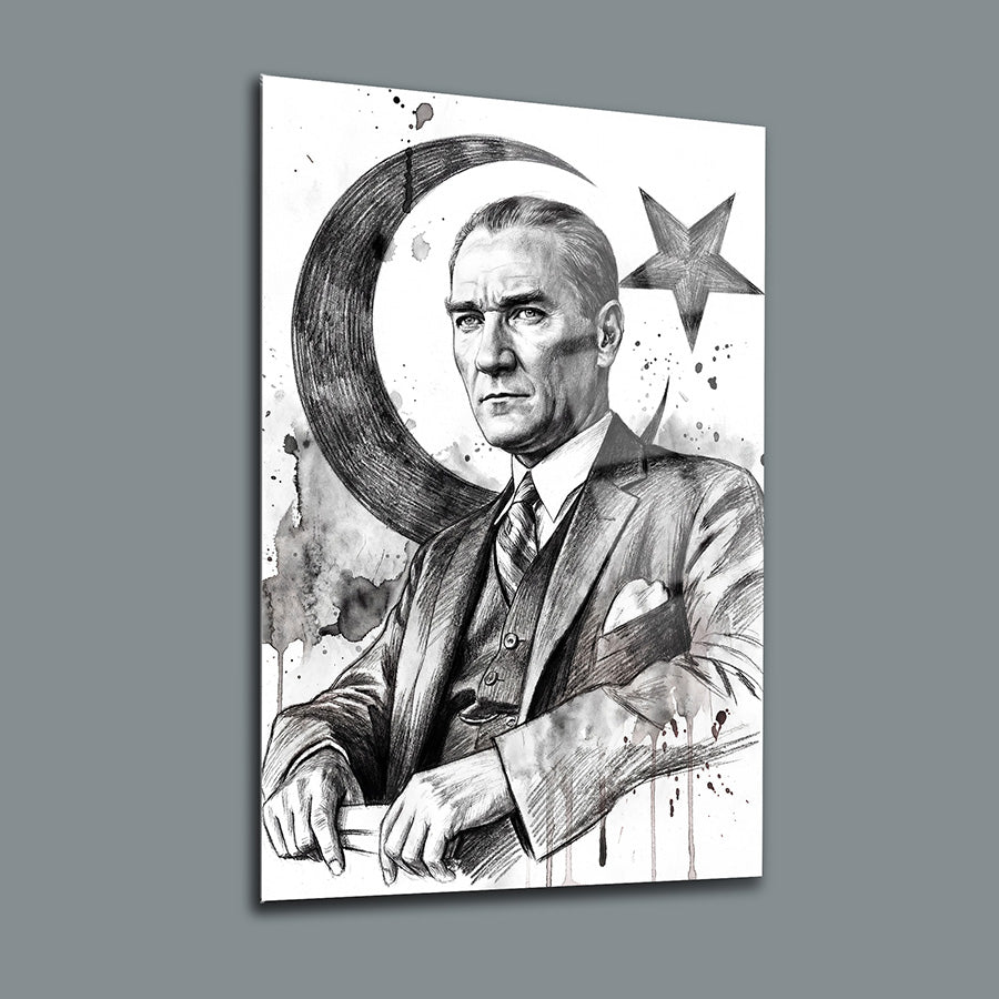 Ay Yıldız Temalı Atatürk Karakalem Cam Tablo | SRD Concept