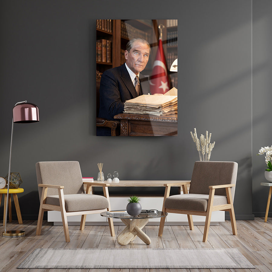 Atatürk Portresi Kütüphane Temalı Cam Tablo | SRD Concept