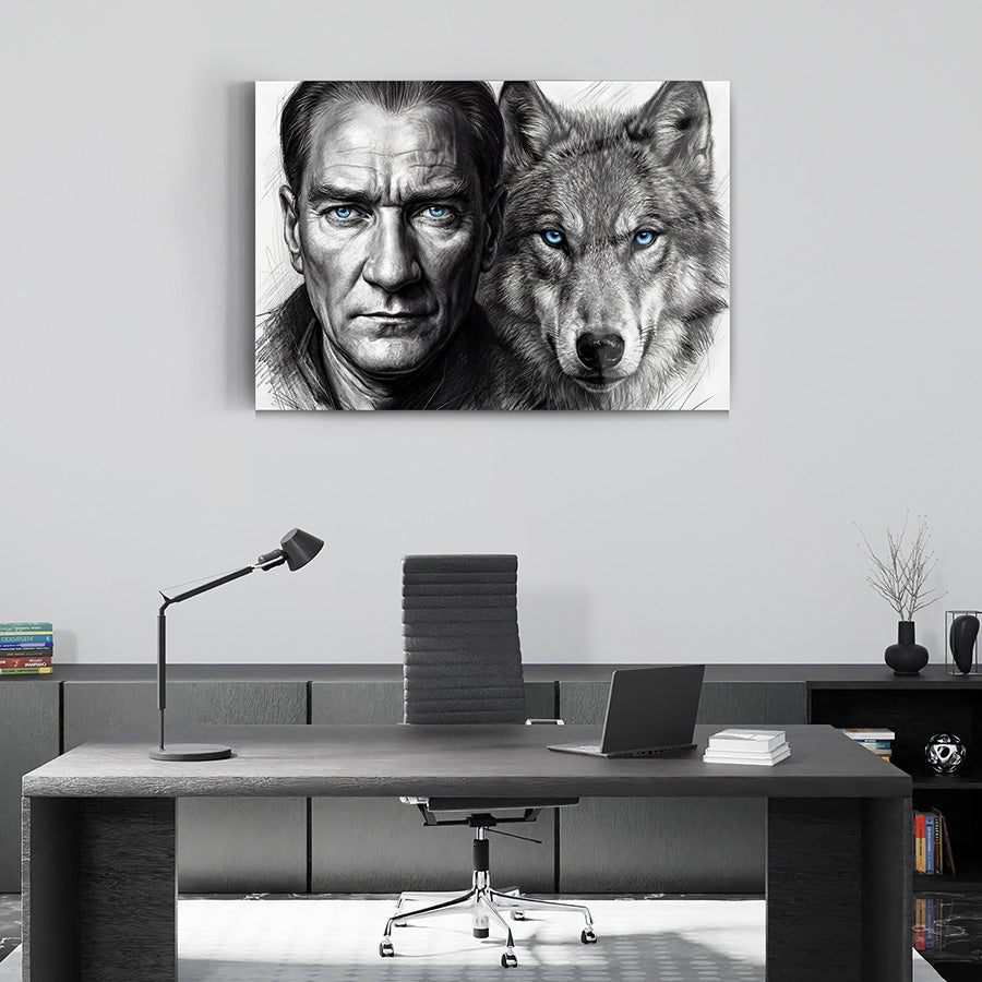 Atatürk ve Bozkurt Karakalem Mavi Göz Cam Tablo | SRD Concept