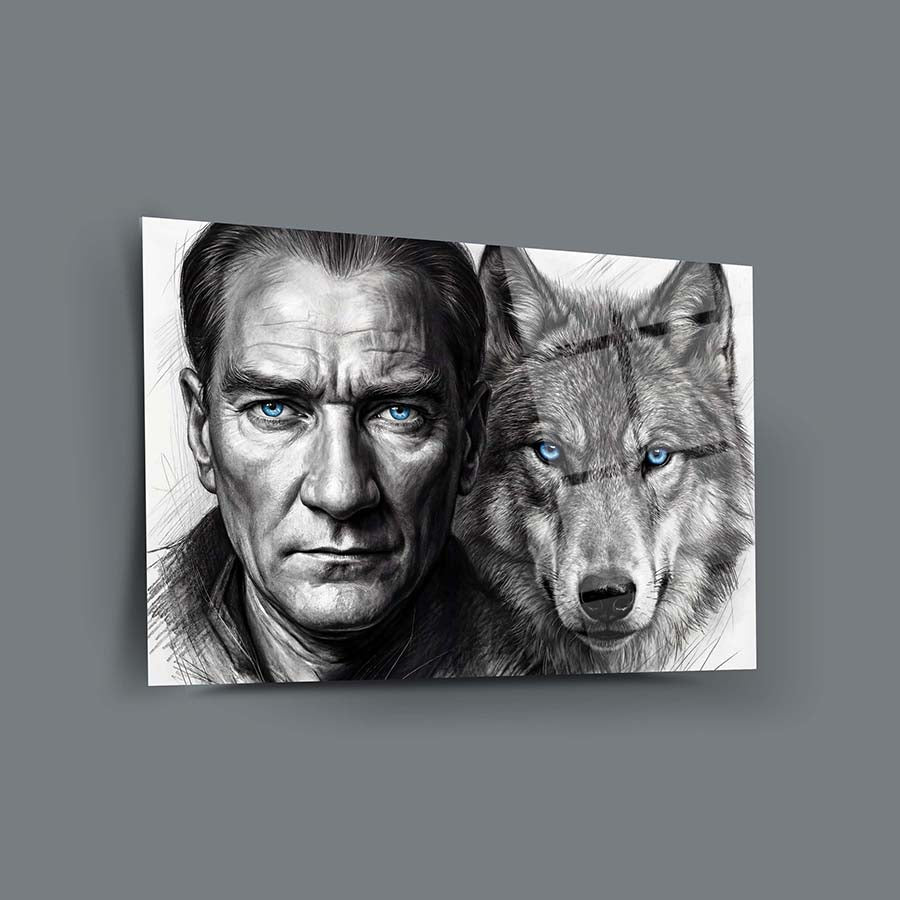 Atatürk ve Bozkurt Karakalem Mavi Göz Cam Tablo | SRD Concept